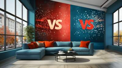 Vs icon or versus text game poster for battle or fight match contest vector flat cartoon team competition compare design with halftone red and dark blue background backdrop frame template Wall mural