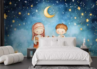 Watercolor illustration for ramadan with two children in traditional attire reading a quran under a starry sky with a crescent moon. Wall mural