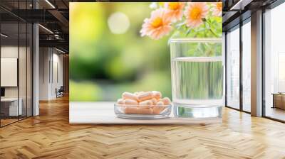 morning setup with a glass of water and a small dish of pills placed next to a vase Wall mural