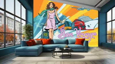 Beautiful woman passenger tourist bus train cruise ship and plan Wall mural