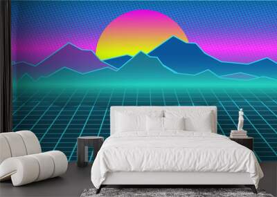 Cyberpunk retro computer background. Mountains, plain and sun Wall mural