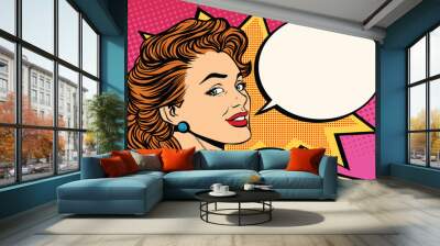 Happy pop art retro woman close-up face Wall mural