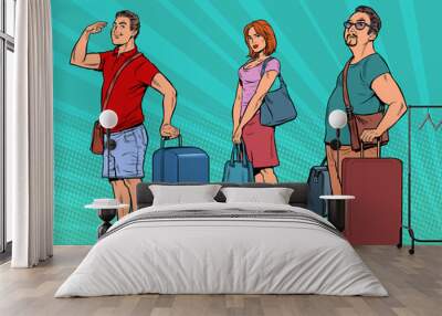 passengers with luggage in the queue, the airport is waiting for departure. Men and women travelers Wall mural