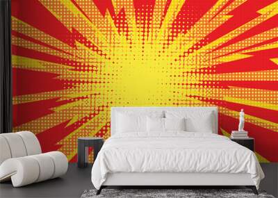 Red yellow pop art retro background cartoon lightning blast radi Wall mural