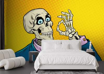 Skeleton businessman ok gesture, good business, positive dead man. business survival Wall mural