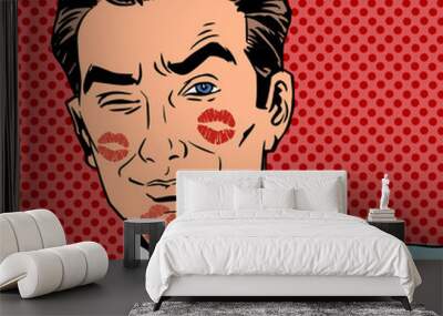 Traces of a kiss on the man face pop art retro Wall mural