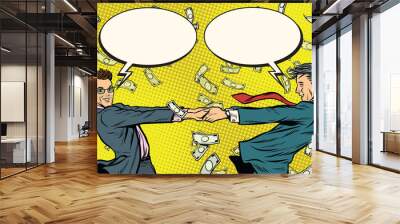 Two businessmen happily dancing in a whirlwind of money Wall mural