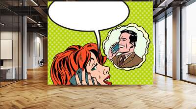 Woman man phone talk Pop art vintage comic Wall mural