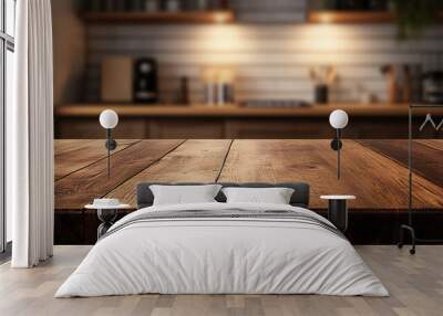 Wood table top on blur kitchen counter background Wall mural