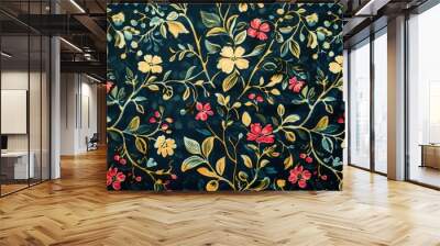 A floral patterned fabric with a blue background. The flowers are red and yellow. The pattern is very intricate and detailed Wall mural