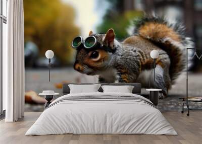 A cute close-up of a squirrel wearing aviator goggles on a blurry urban sidewalk with autumn leaves. Wall mural