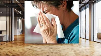 A woman with short hair is sneezing into a tissue, possibly experiencing allergy or cold symptoms. Wall mural