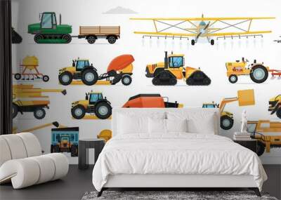 Agricultural machinery set. Vehicle for field farm work. Isolated industrial tractor, harvester, combine, crop duster, seeding machine transport icon collection. Agriculture and agricultural machinery Wall mural