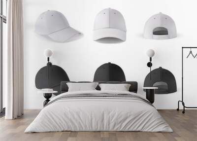 Baseball cap. Realistic baseball cap template front, side, back views. Black and white blank cap isolated on white background. Empty mockup set with different side of sport hat. Wall mural