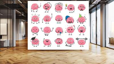 Brain cartoon character set with happy face smile. Cute hero brain emoji isolated on white background. Brainpower avatar with different emotion and face expression vector illustration Wall mural