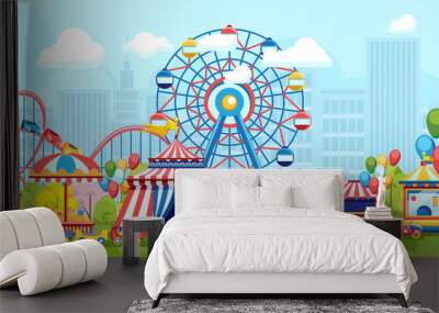 Bright flat design of amusement park with Ferris wheel on urban background  Wall mural