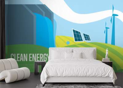 Clean energy vector illustration. Natural landscape with dam of hydroelectric power plant, wind turbines and solar panels. Sun, water and wind energy generation. Green power. Eco technology Wall mural