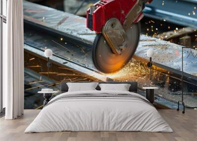 Close-up of a metal-cutting circular saw creating sparks while cutting a steel beam in an industrial workshop setting. Wall mural