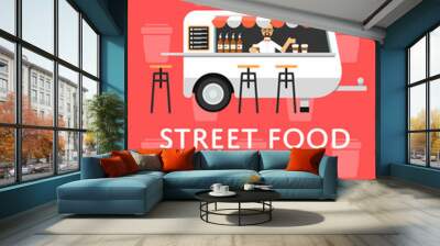 Food truck festival invitation in flat style. Culinary city event brochure template, takeaway street fast food. Outdoor restaurant or cafe menu flyer, urban food fest announcement vector illustration. Wall mural