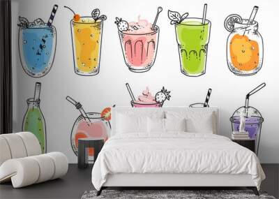 Fruit smoothie. Natural vegetarian fruit cocktail refreshments in glasses. Isolated vitamin drink for diet nutrition. Smoothie beverages in cups with straws, strawberries sketch vector illustration Wall mural