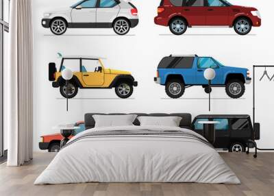 modern city car set. hatchback, universal, pick up, van, off road truck, suv isolated vector illustr Wall mural