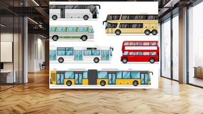 Passenger bus set. Isolated public city, coach, tour, double-decker bus transport icons. Bus vehicles with luggage compartments and bellows. Urban passenger transportation and journey Wall mural