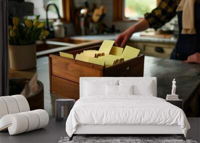 person with a wooden recipe box filled with index cards on a kitchen counter Wall mural