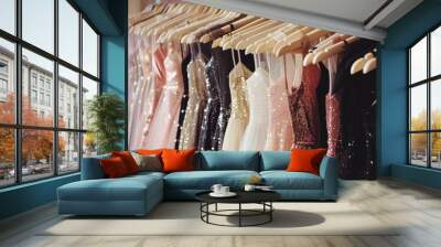 rack of evening dresses with shimmering fabrics in a retail space Wall mural