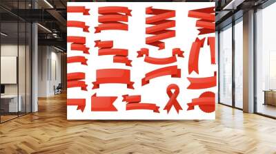 Red ribbon banner set. Isolated blank label banner template icon collection. Vector red empty ribbon tape shape decoration Wall mural