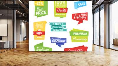 Sale and discount vector sticker. Isolated sticker on white background. Sale sticker, exclusive product, special offer and other sticker in origami style. Wall mural