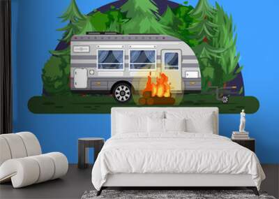 Small camp poster with bonfire and travel trailer in deep forest. Car RV trailer caravan, compact motorhome, mobile home for country traveling and outdoor family vacation vector illustration. Wall mural