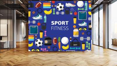 Sports equipment background concept. Flat vector icon design. Fitness symbol. Lifestyle activity sign. Ball, dumbbells, kettlebells and other sports equipment. Wall mural