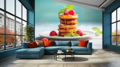 stacked glazed donuts with raspberries Wall mural