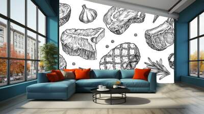 Steak sketch. Hand drawn beef, lamb and pork steak extra or medium rare with garlic, greenery and pepper spice vector collection. Butchery food meat product sketch engraved set isolated on white Wall mural