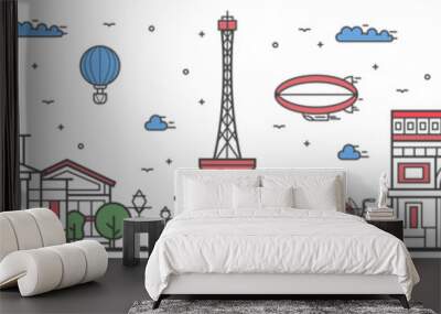 Travel in Paris city banner vector illustration. Worldwide traveling concept with famous modern and ancient architectural attractions. Paris cityscape panorama, historical landmark line design poster. Wall mural