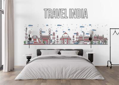 Travel India poster with architectural attractions in linear style. Worldwide traveling and time to travel concept. Indian skyline with famous landmarks, country tourism and journey vector background. Wall mural