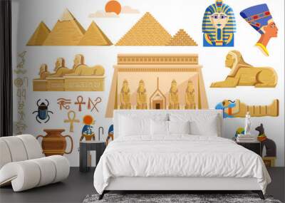 Vector set of various cultural symbols of Egyptian architecture and signs on white background Wall mural