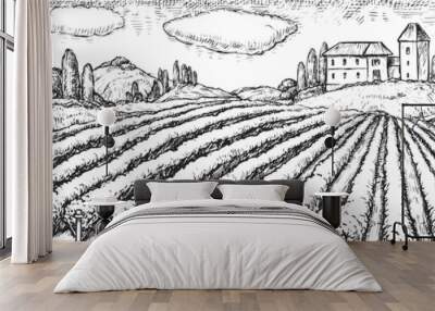 vineyard field. vector rural scene with winery plantation on hill and house ranch hand drawn engravi Wall mural