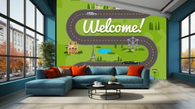 Welcome to Europe poster with famous attractions along winding road vector illustration. Travel concep with Eiffel Tower, Leaning Tower, Kremlin, Coliseum. Worldwide traveling, time to travel concept Wall mural