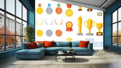 Winner award prize for business achievement or sport success. Insignia medal ribbon, trophy goblet, star and laurel wreath silver, gold or gilded corporate reward vector illustration isolated on white Wall mural