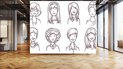 Woman sketch avatar. Fashion woman with different hairstyle sketch portrait. Vector female face icon. Beautiful girl set isolated on white background. Hand drawn doodle avatar bundle illustration Wall mural