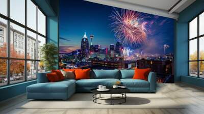  Fireworks over downtown Nashville skyline at night during city celebration festival or holiday event Wall mural