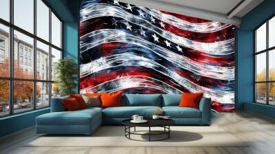 American flag. Dynamic abstract rendition, merging red, white, and blue in a fluid, modern art style. Ideal for patriotic themes, trendy digital campaigns, and bold designs. Wall mural