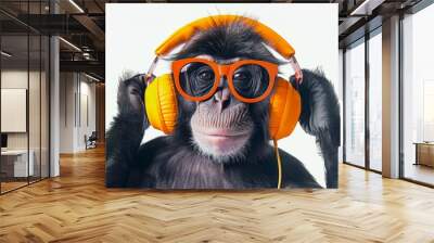 Monkey wearing orange headphones and glasses, enjoying music - funny animal concept Wall mural