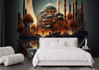 Mosque holy night sky, big moon, islamic night and Istanbul silhuette mosque refkected in water. Islamic wallpaper. Ramadan concept. Generative AI illustration Wall mural