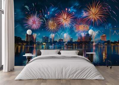 Orlando cityscape with vibrant fireworks display reflected in lake during nighttime celebration event Wall mural