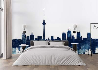 Stylized blue ink skyline of Berlin, iconic tower, urban silhouette with artistic splatter Wall mural