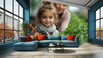 Little Girl Watering Plants in Greenhouse Wall mural