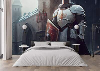 A knight holding his shield in front of a castle Wall mural