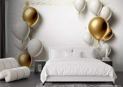 Gold shiny confetti and gold balloons on white background, middle has open space for your message copy, Celebration and party invitation concept Wall mural